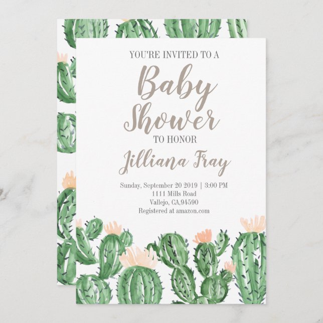 Invitación de baby shower linda de cactus suculent (Anverso / Reverso)