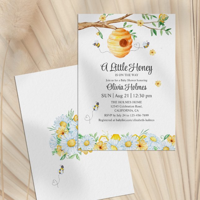 Invitación de Baby Shower "Little Honey Bee" ("Little Honey Bee" Baby Shower Invitation on a neutral background)