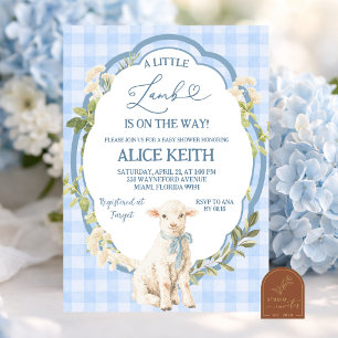 Invitación de Baby Shower Little Lamb Blue Boy