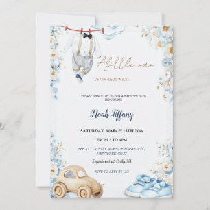 Invitación de Baby Shower Little Man Baby Azul Flo
