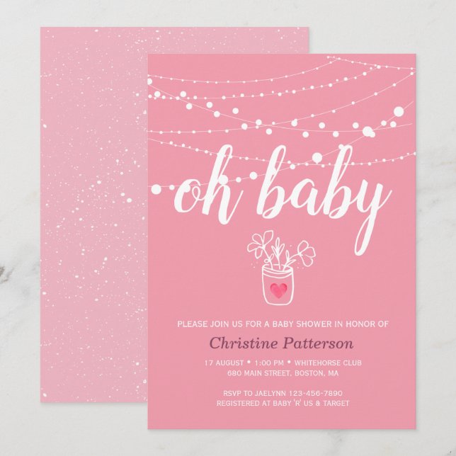 Invitación de baby shower luces de cadena rosadas  (Anverso / Reverso)