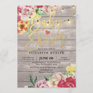 Invitación de Baby Shower Madera Floral y luces de