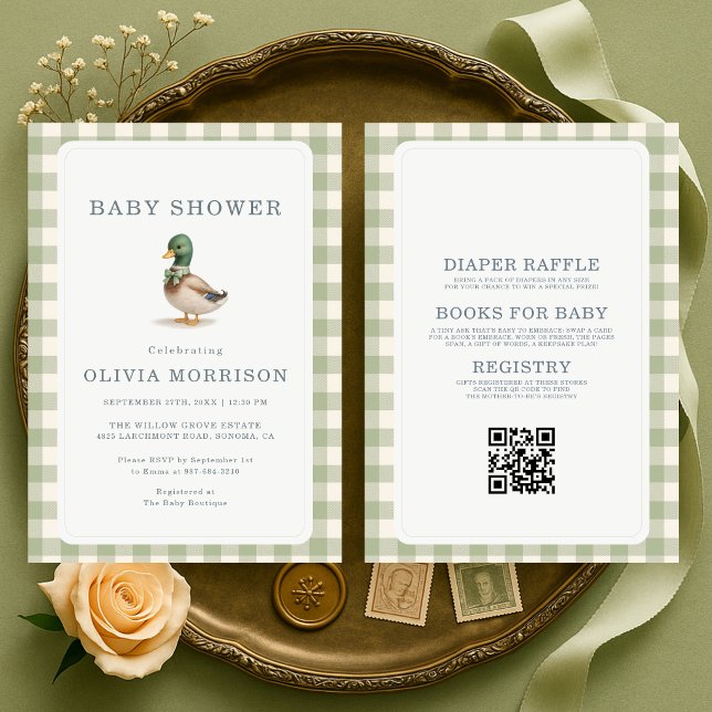 Invitación de Baby Shower Mallard Duck Gingham Ver (Subido por el creador)
