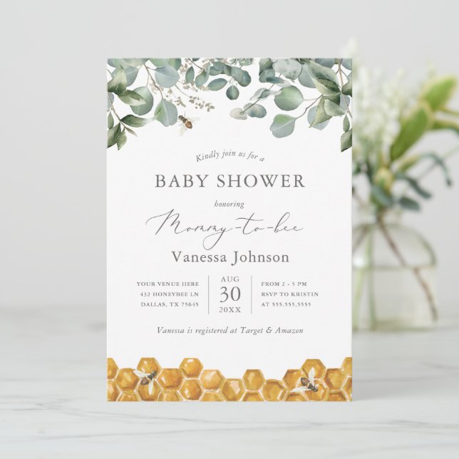 Invitación de Baby Shower Mami to Bee Greenery (Anverso de pie)