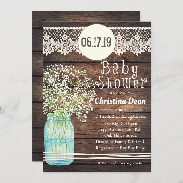 Invitación de Baby Shower Mason Jar Rustic Wood (Anverso / Reverso)
