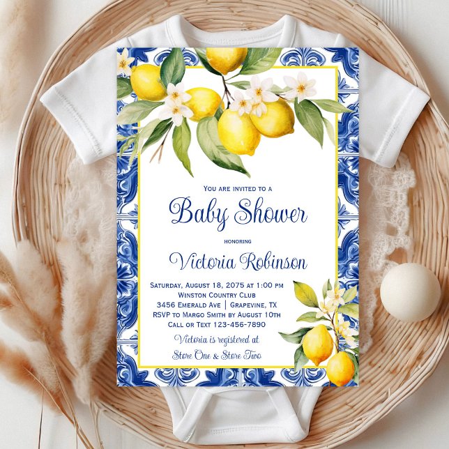 Invitación de Baby Shower Mediterránea de Azulejo  (Beautiful blue tile and lemon baby shower invitation. )
