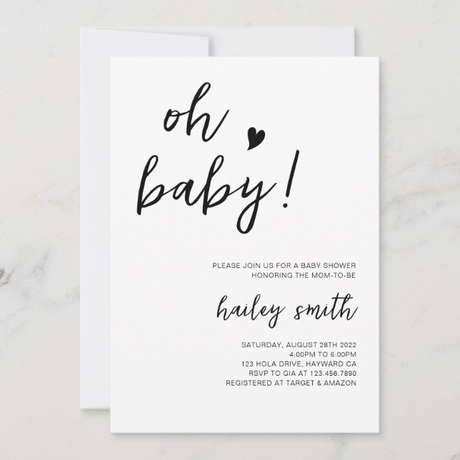 Invitación de Baby Shower minimalista Oh Baby (Anverso)