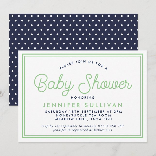 Invitación de Baby Shower moderna a la Polka Prepp (Anverso / Reverso)