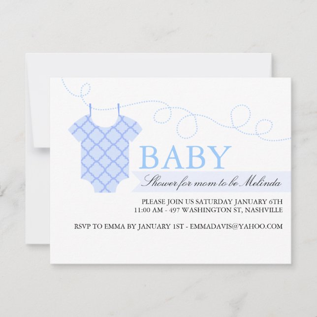 Invitación de baby shower moderna con tendedero az (Anverso)