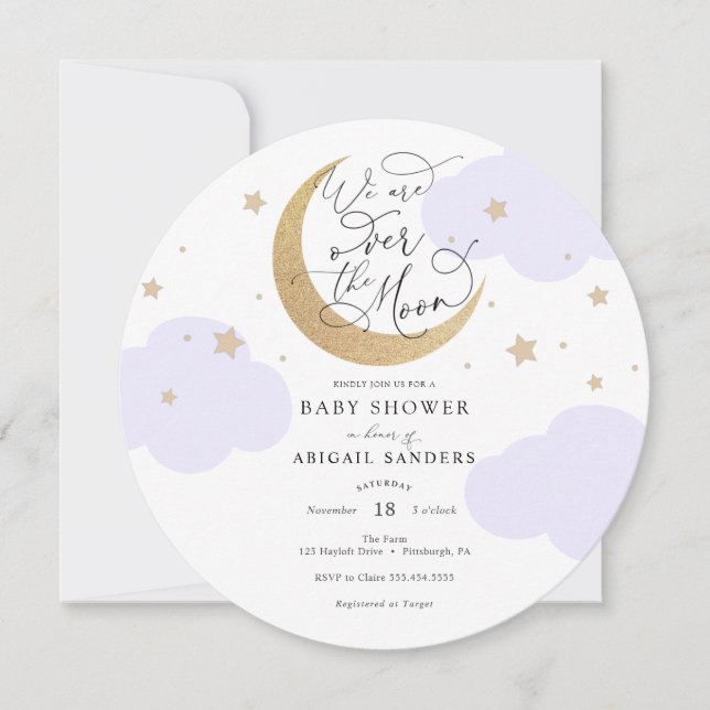 Invitación de Baby Shower Morada Sobre la Luna (Anverso)
