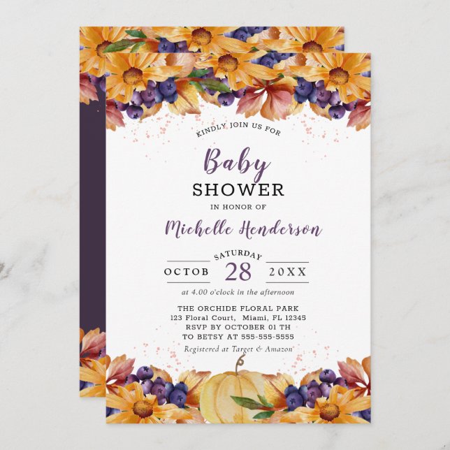 Invitación de Baby Shower morado con flores rustic (Anverso / Reverso)