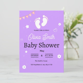 Invitación de Baby Shower Morado con Pies de Bebé.