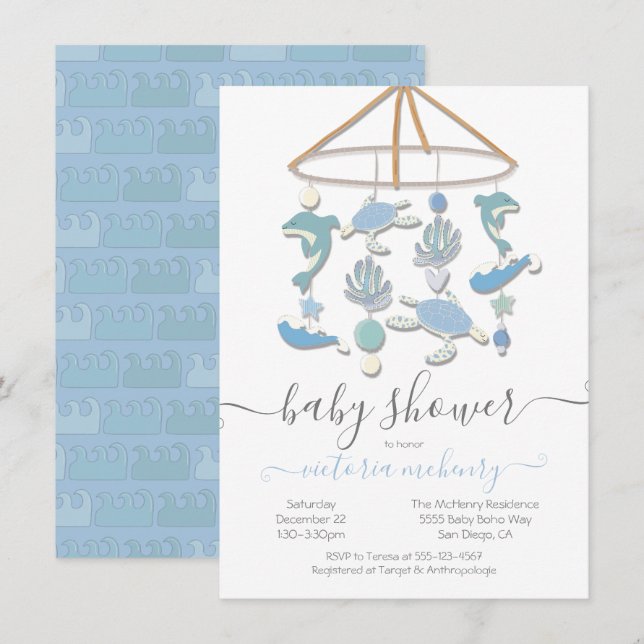 Invitación de Baby Shower móvil bajo el mar (Anverso / Reverso)