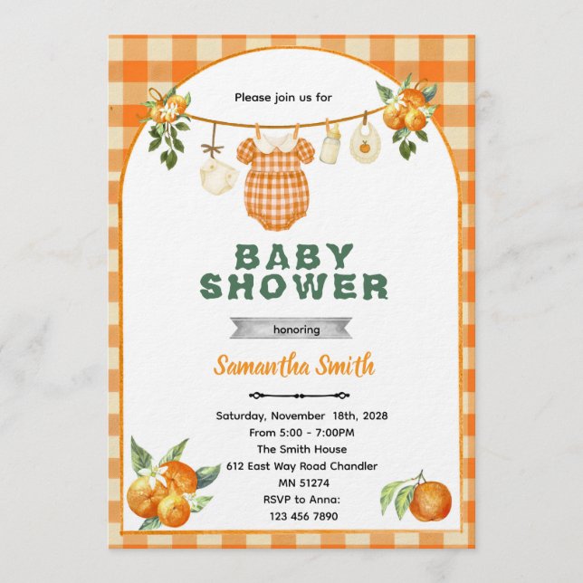 invitación de baby shower naranja adorable (Anverso)