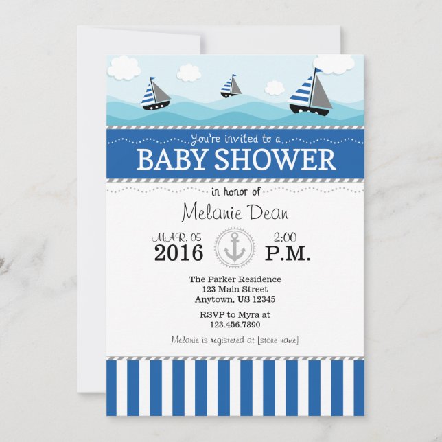 Invitación de Baby Shower Náutica Azul (Anverso)