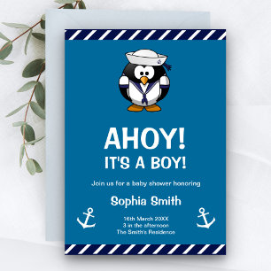 Invitación de baby shower náutica azul de pingüino
