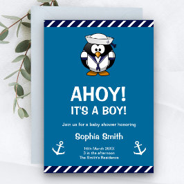 Invitación de baby shower náutica azul de pingüino