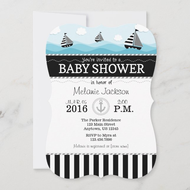 Invitación de Baby Shower náutica azul negro (Anverso)