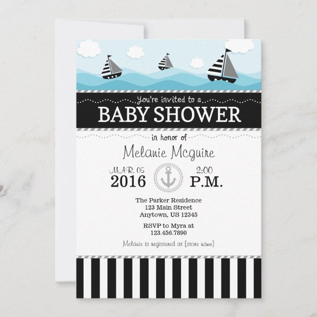 Invitación de Baby Shower náutica azul negro (Anverso)