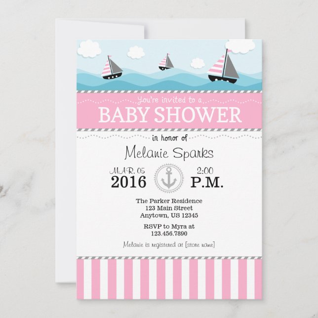 Invitación de Baby Shower náutica rosa azul (Anverso)