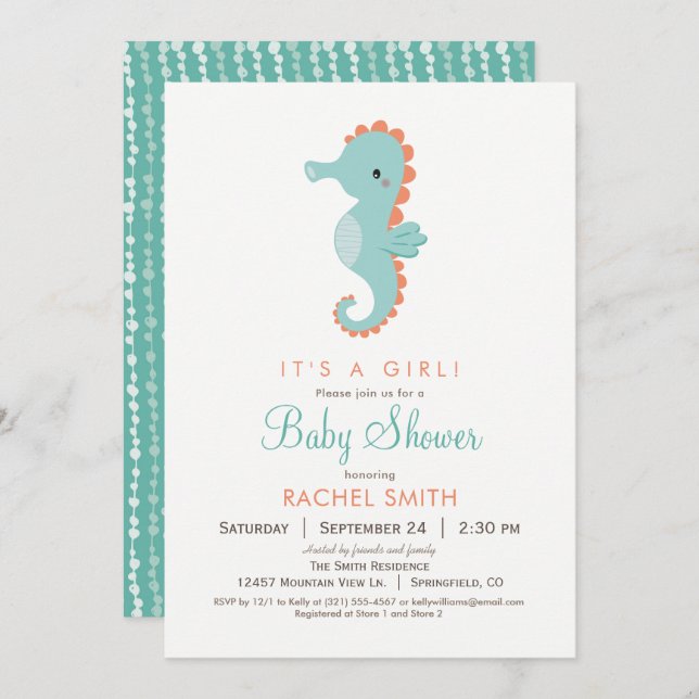 Invitación de Baby Shower Nautical Seahorse (Anverso / Reverso)