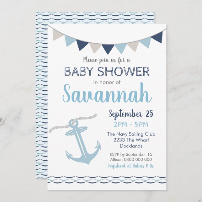 Invitación de Baby Shower Náutico (Anverso / Reverso)