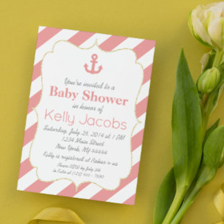 Invitación de Baby Shower Náutico de Coral y Dorad