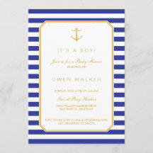 Invitación de baby shower náutico de navy y dorado