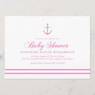 Invitación de baby shower náutico rosa y blanco