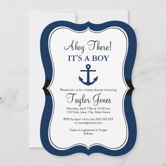 Invitación de baby shower naval con ancla (Anverso)