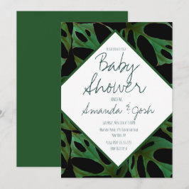 Invitación de Baby Shower Negra con Patrón de Hoja