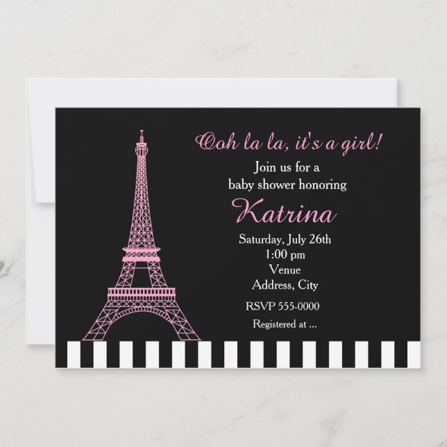 Invitación de Baby Shower Negra con Torre Eiffel R (Anverso)