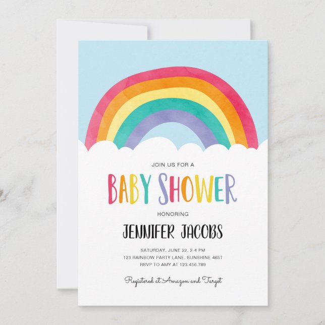 Invitación de Baby Shower neutra Rainbow Blue Boy (Anverso)