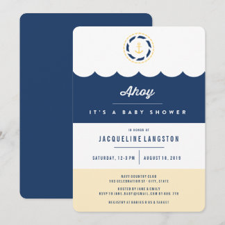 Invitación de Baby Shower Neutral Azul Náutico Aho