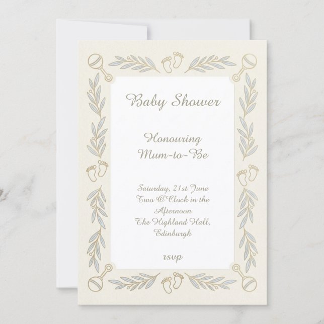 Invitación de baby shower neutral con sonajero (Anverso)