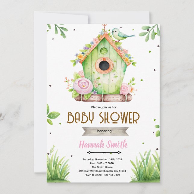 invitación de baby shower nido de pájaro de primav (Anverso)