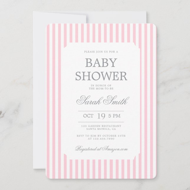 Invitación de baby shower niña con rayas rosadas (Anverso)