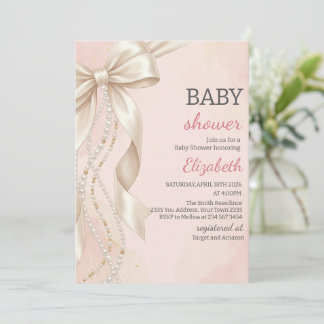 Invitación de Baby Shower Niña Coquette Bow Pearl