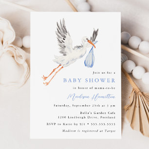 Invitación de Baby Shower Niño Azul Cigüeña Acuare
