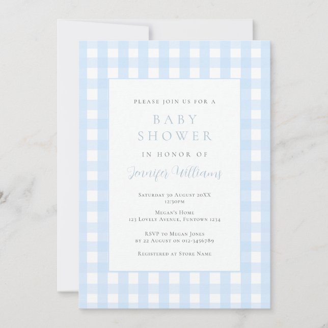 Invitación de Baby Shower Niño Azul Gingham (Anverso)