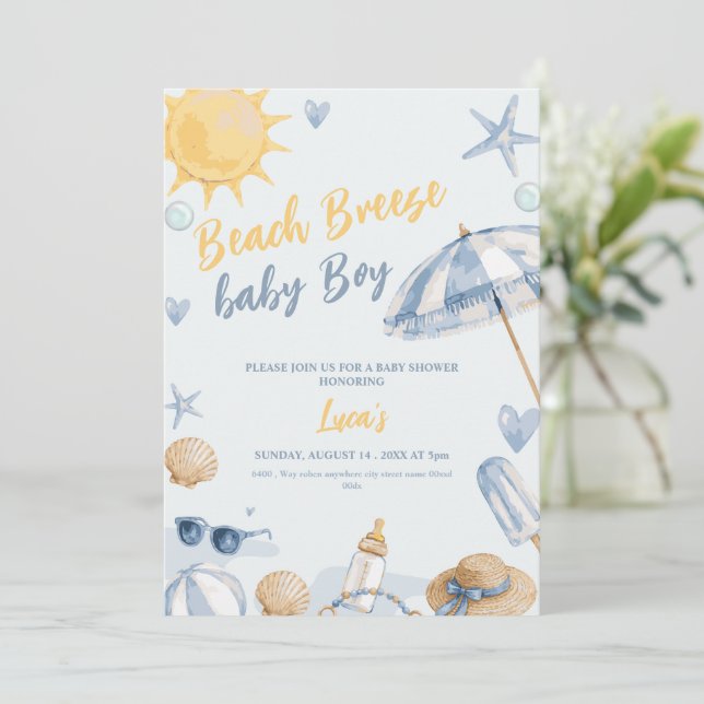 invitación de baby shower niño brisa de playa azul (Anverso de pie)
