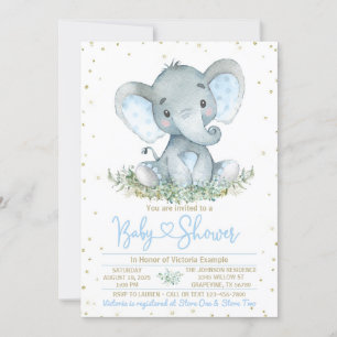 Invitación de Baby Shower Niño Elefante Azul Dorad