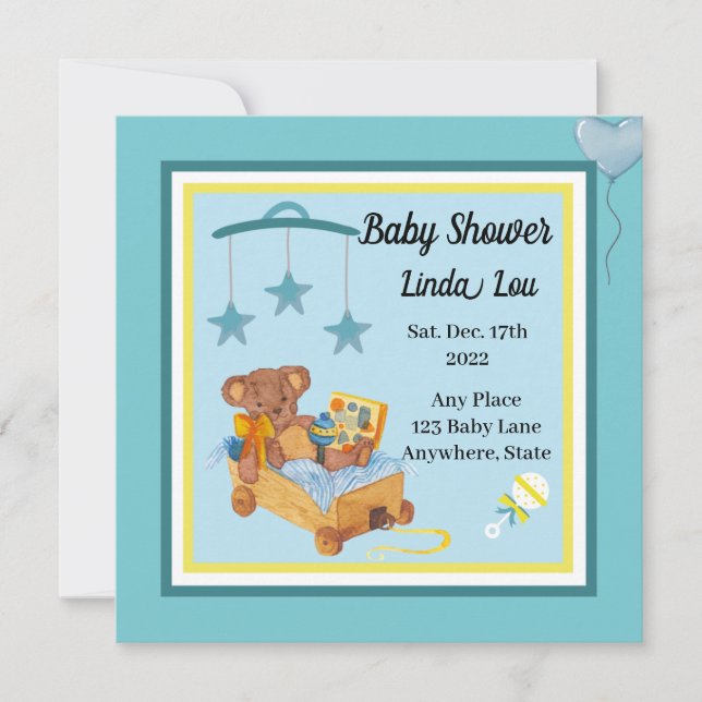 Invitación de Baby Shower niño Teddy Bear Azul (Anverso)