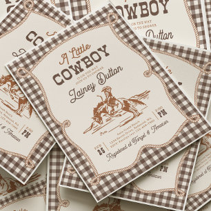 Invitación de baby shower occidental de gingham ma