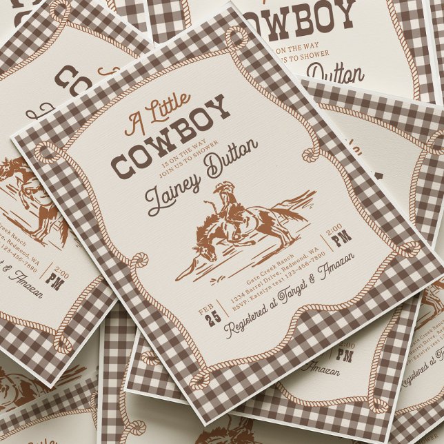 Invitación de baby shower occidental de gingham ma (Subido por el creador)
