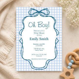 Invitación de Baby Shower Oh Boy Blue Gingham