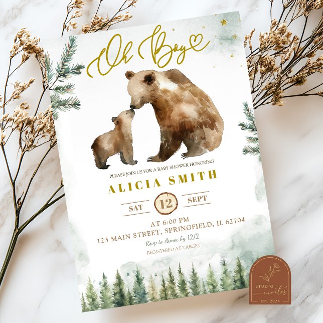 invitación de baby shower Oh Boy Forest Bear (Subido por el creador)