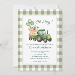 Invitación de Baby Shower Oh Boy Green Tractor