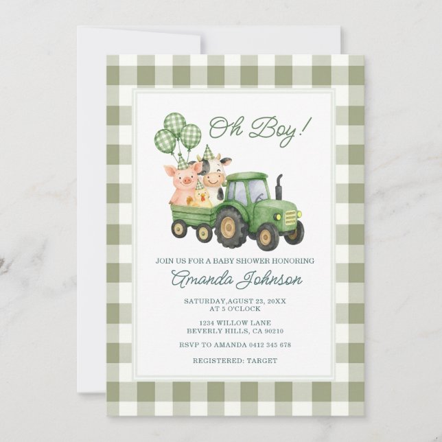 Invitación de Baby Shower Oh Boy Green Tractor (Anverso)