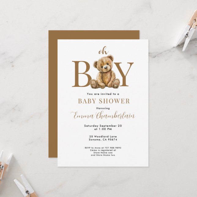 Invitación de Baby Shower Oh Boy Teddy Bear Boy (Anverso/Reverso In Situ)